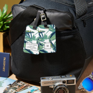 Modern tropical  green watercolor leaves monogram luggage tag