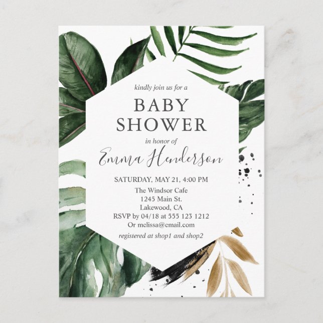 Modern Tropical Greenery Baby Shower Invitation Postcard (Front)