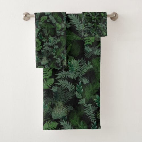 Modern Tropical Greenery Black Green Foliage  Bath Towel Set