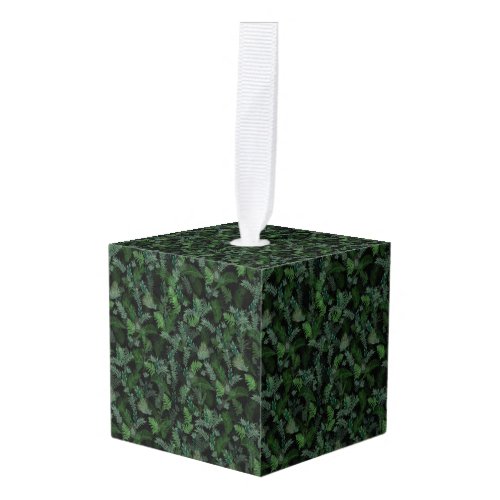 Modern Tropical Greenery Black Green Foliage  Cube Ornament