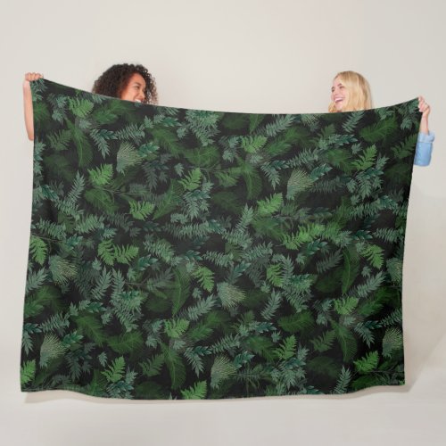 Modern Tropical Greenery Black Green Foliage  Fleece Blanket