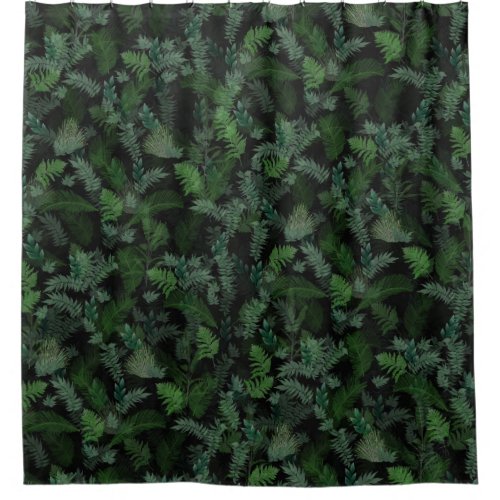 Modern Tropical Greenery Black Green Foliage  Shower Curtain