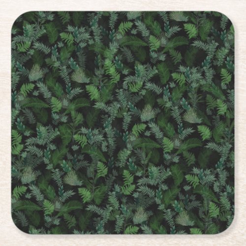 Modern Tropical Greenery Black Green Foliage  Square Paper Coaster