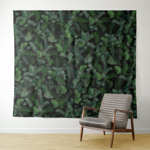 Modern Tropical Greenery Black Green Foliage  Tapestry