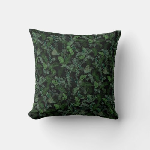 Modern Tropical Greenery Black Green Foliage  Throw Pillow