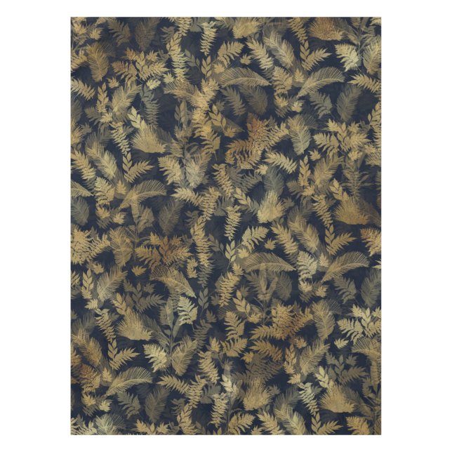 Modern Tropical Greenery Blue Gold Foliage Tablecloth (Front)