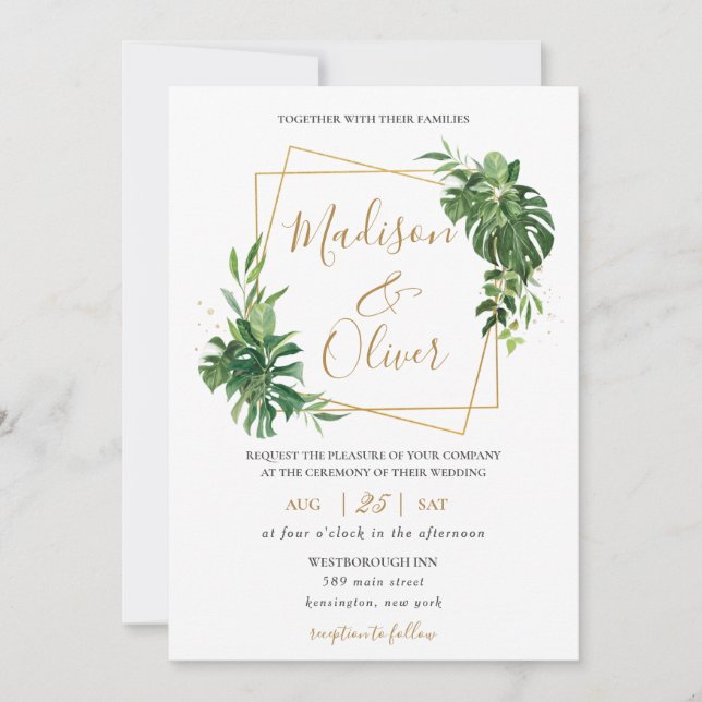 Modern Tropical Greenery Gold Geometric Wedding  Invitation (Front)