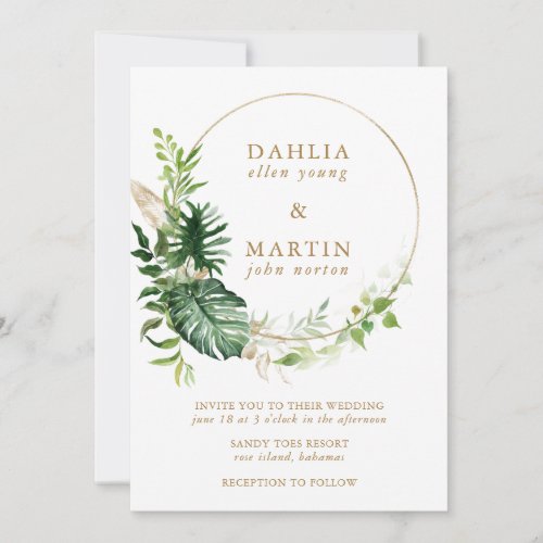 Modern Tropical Greenery Gold Geometric Wedding Invitation