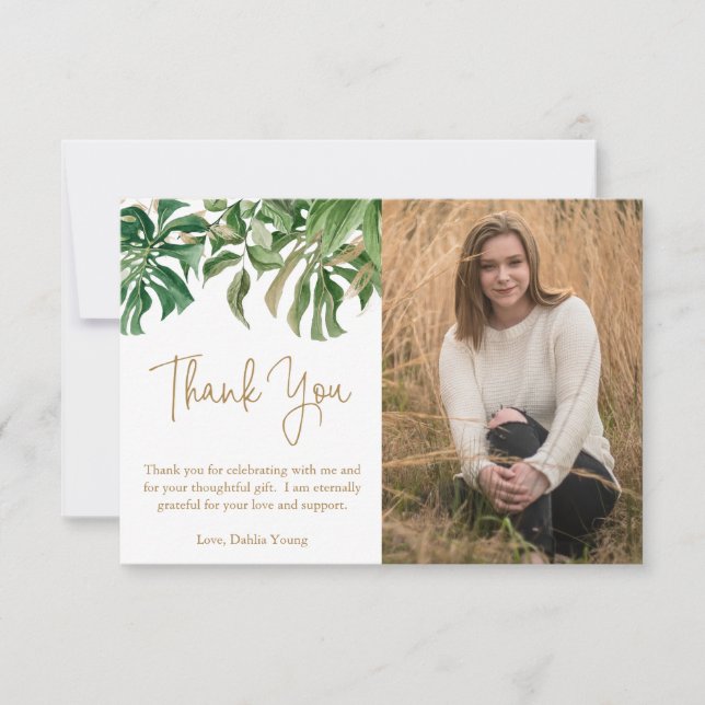 Modern Tropical Greenery Gold Photo Graduation Thank You Card (Front)