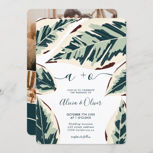 Modern tropical greenery leaf 4 photos wedding invitation