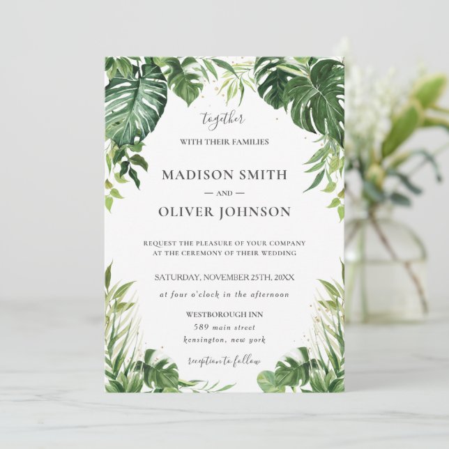 Modern Tropical Greenery Leafy Tropics Wedding  Invitation (Standing Front)