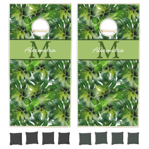 Modern Tropical greenery Leaves  Beach Towel Cornhole Set