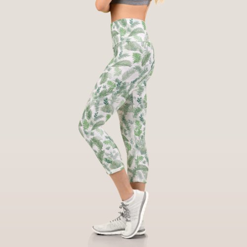 Modern Tropical Greenery White Green Foliage Capri Leggings