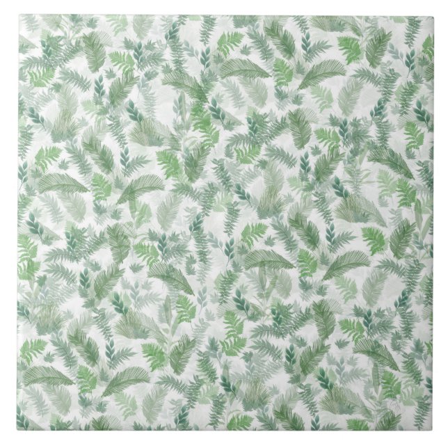 Modern Tropical Greenery White Green Foliage Ceramic Tile (Front)
