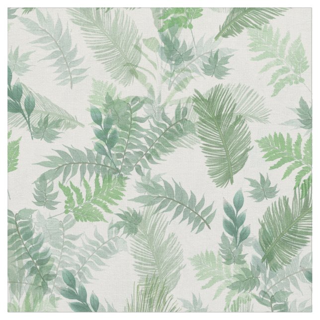 Modern Tropical Greenery White Green Foliage Fabric (Close Up)