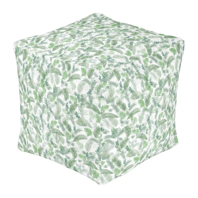 Modern Tropical Greenery White Green Foliage Pouf (Angled Front)