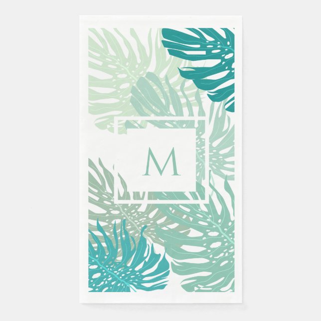Modern Tropical Grenery Palm Leaves monogram Paper Guest Towels (Front)