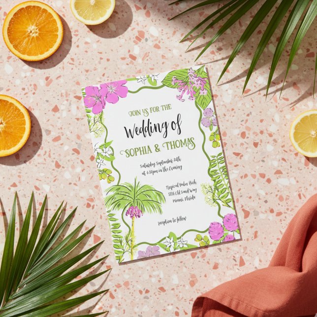 Modern Tropical Hand-Drawn Destination Wedding Invitation (Tropical Hand Drawn Pink and Green Invitation)