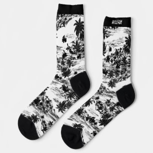 Modern Tropical Hawaiian Island Black & White Name Socks