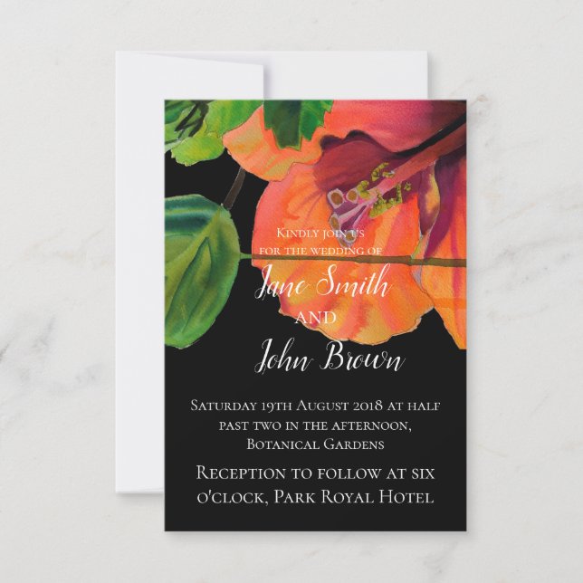 Modern tropical hibiscus art flower wedding invitation (Front)
