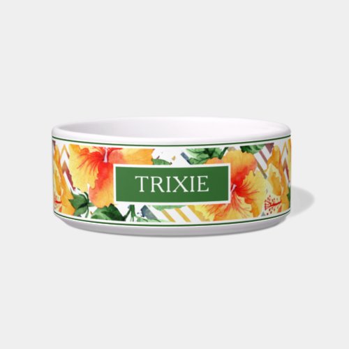 Modern Tropical Hibiscus Colorful Watercolor Name Bowl