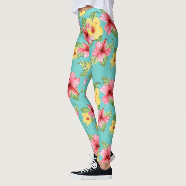 Modern Tropical Hibiscus Floral Girly Chic Pattern Leggings (Left)