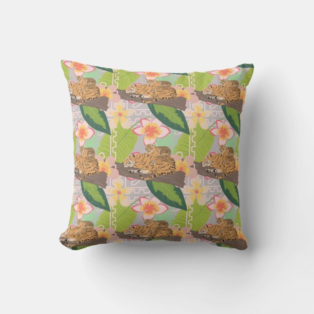Modern Tropical Jungle Boho Botanical Tiger Cub Throw Pillow (Front)
