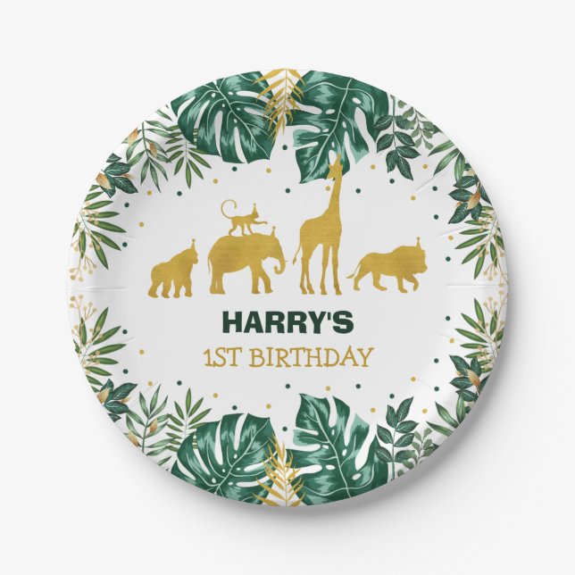 Modern Tropical Jungle Safari Wild One Birthday Paper Plates (Front)