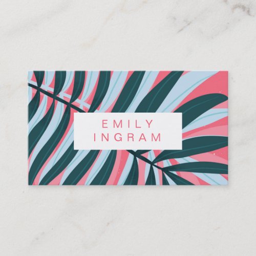Modern tropical leaf bright pink teal design business card