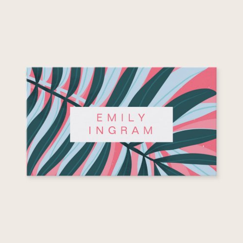Modern tropical leaf bright pink teal design business card