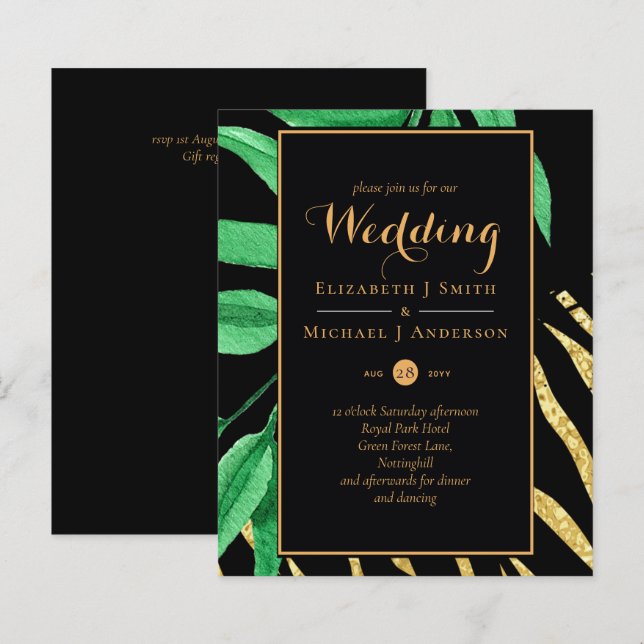 Modern Tropical Leaf Gold Black Wedding Budget (Front/Back)