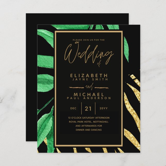 Modern Tropical Leaf Gold Black Wedding Budget (Front/Back)