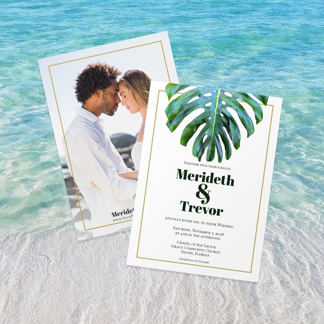 Modern Tropical Leaf Gold Photo Beach Wedding Invitation (Creator Uploaded)