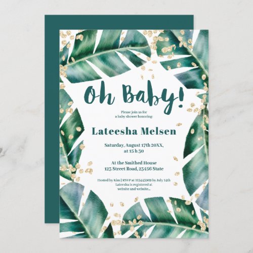 Modern tropical leaf gold watercolor baby shower invitation