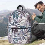 Modern Tropical Leaf Grey Blue Custom Design Printed Backpack<br><div class="desc">As a nature lover and hiking addict, this design came from my memories of these voyages. The text field below allows you to easily text your name or the recipient of your gift. If you would like to alter the design's color or font, or even take the personal tag off,...</div>