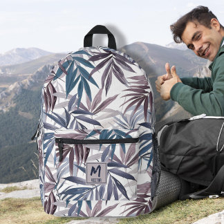 Modern Tropical Leaf Grey Blue Custom Design Printed Backpack