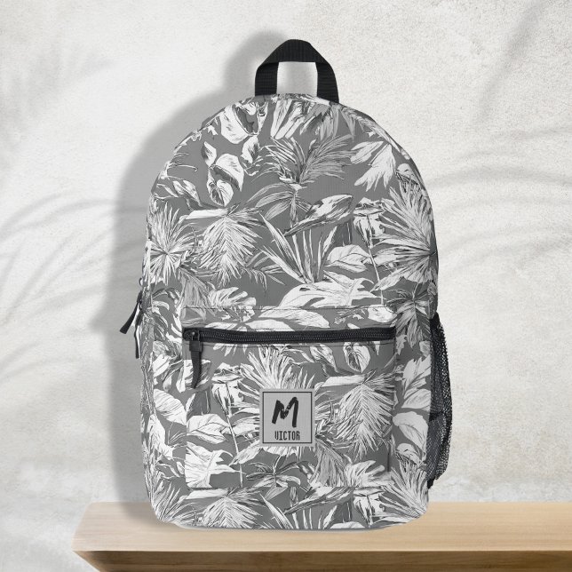 Modern Tropical Leaf Grey White Monogram Design Printed Backpack (modern trendy tropical leaf grey white name custom design printed backpack, back to school, travel)
