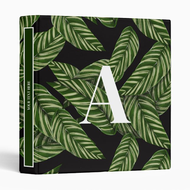 Modern Tropical Leaf Palm Plant Print Monogram  3 Ring Binder (Front/Spine)