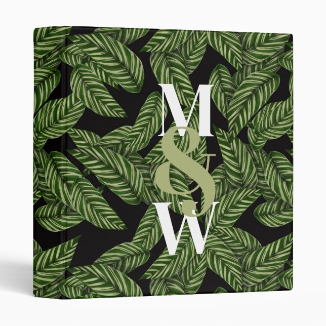 Modern Tropical Leaf Palm Plant Print Monogram  3 Ring Binder (Front/Spine)