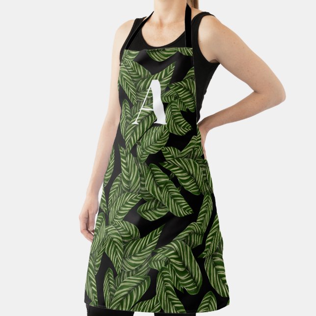 Modern Tropical Leaf Palm Plant Print Monogram  Apron (Insitu)