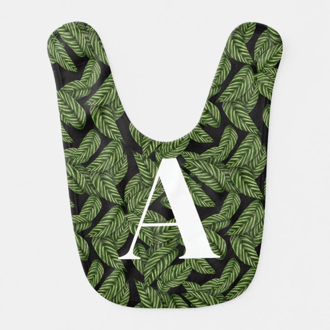 Modern Tropical Leaf Palm Plant Print Monogram  Baby Bib (Front)