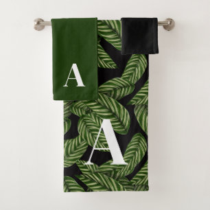 Modern Tropical Leaf Palm Plant Print Monogram  Bath Towel Set