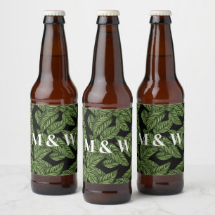 Modern Tropical Leaf Palm Plant Print Monogram  Beer Bottle Label
