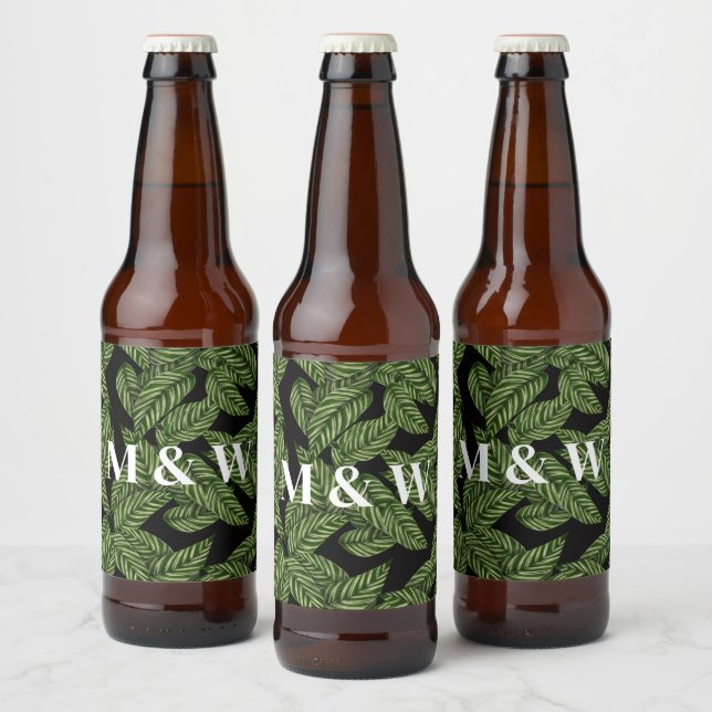 Modern Tropical Leaf Palm Plant Print Monogram  Beer Bottle Label (Bottles)