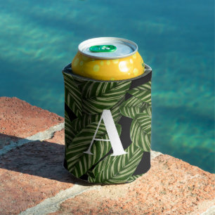 Modern Tropical Leaf Palm Plant Print Monogram Can Cooler