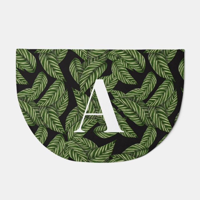 Modern Tropical Leaf Palm Plant Print Monogram  Doormat (Front)