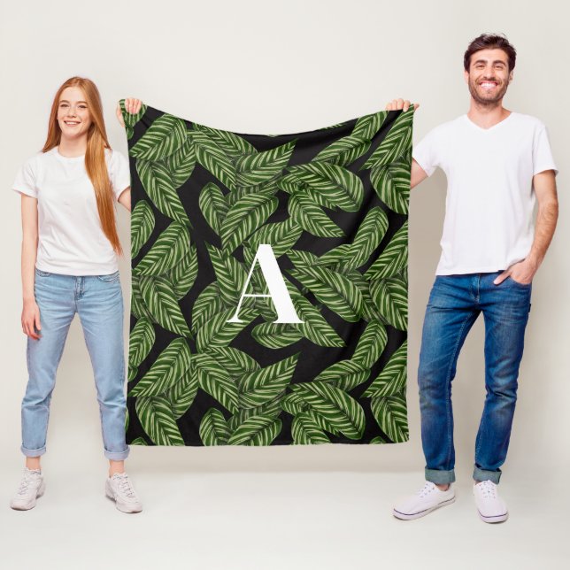 Modern Tropical Leaf Palm Plant Print Monogram  Fleece Blanket (In Situ)