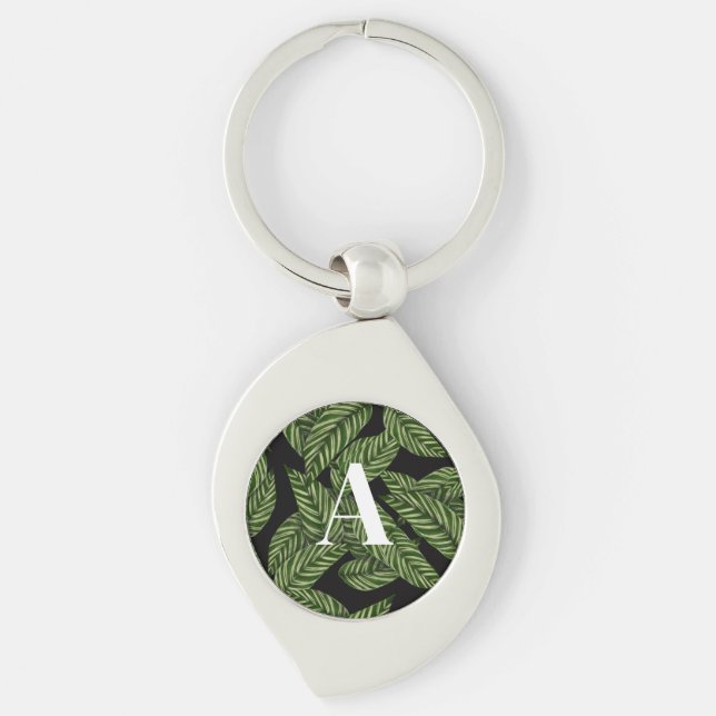 Modern Tropical Leaf Palm Plant Print Monogram  Keychain (Front)