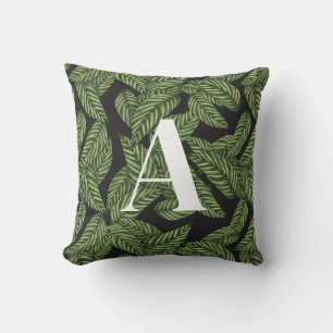 Modern Tropical Leaf Palm Plant Print Monogram  Outdoor Pillow