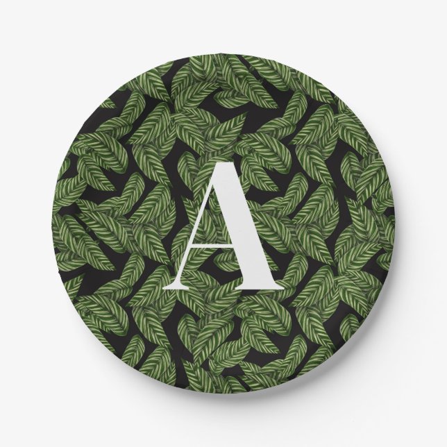 Modern Tropical Leaf Palm Plant Print Monogram  Paper Plates (Front)